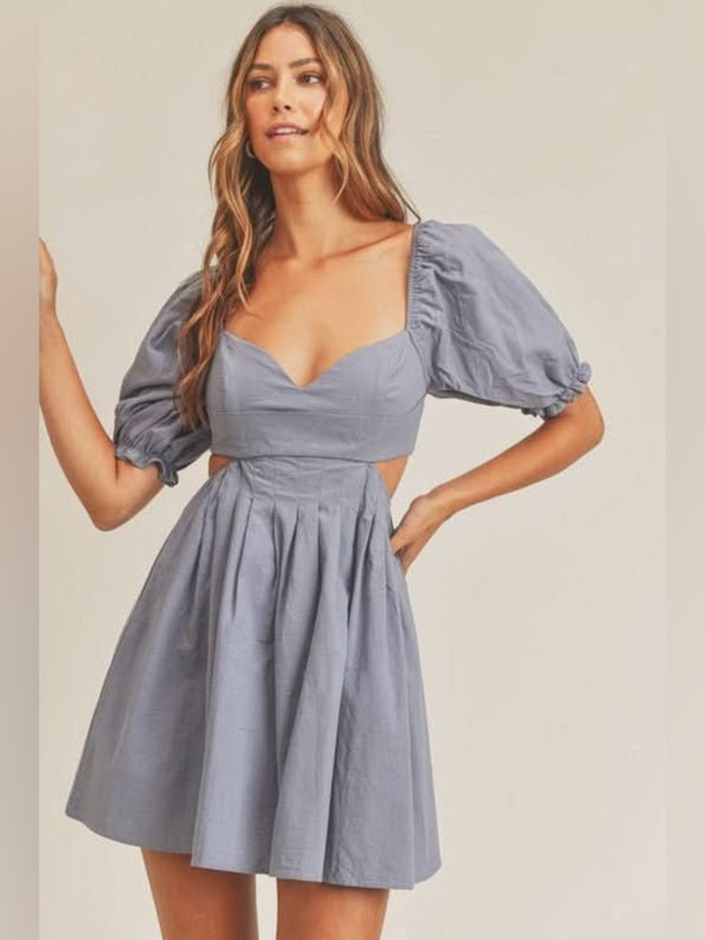 Dusty Blue Linen Lace Back Babydoll Dress